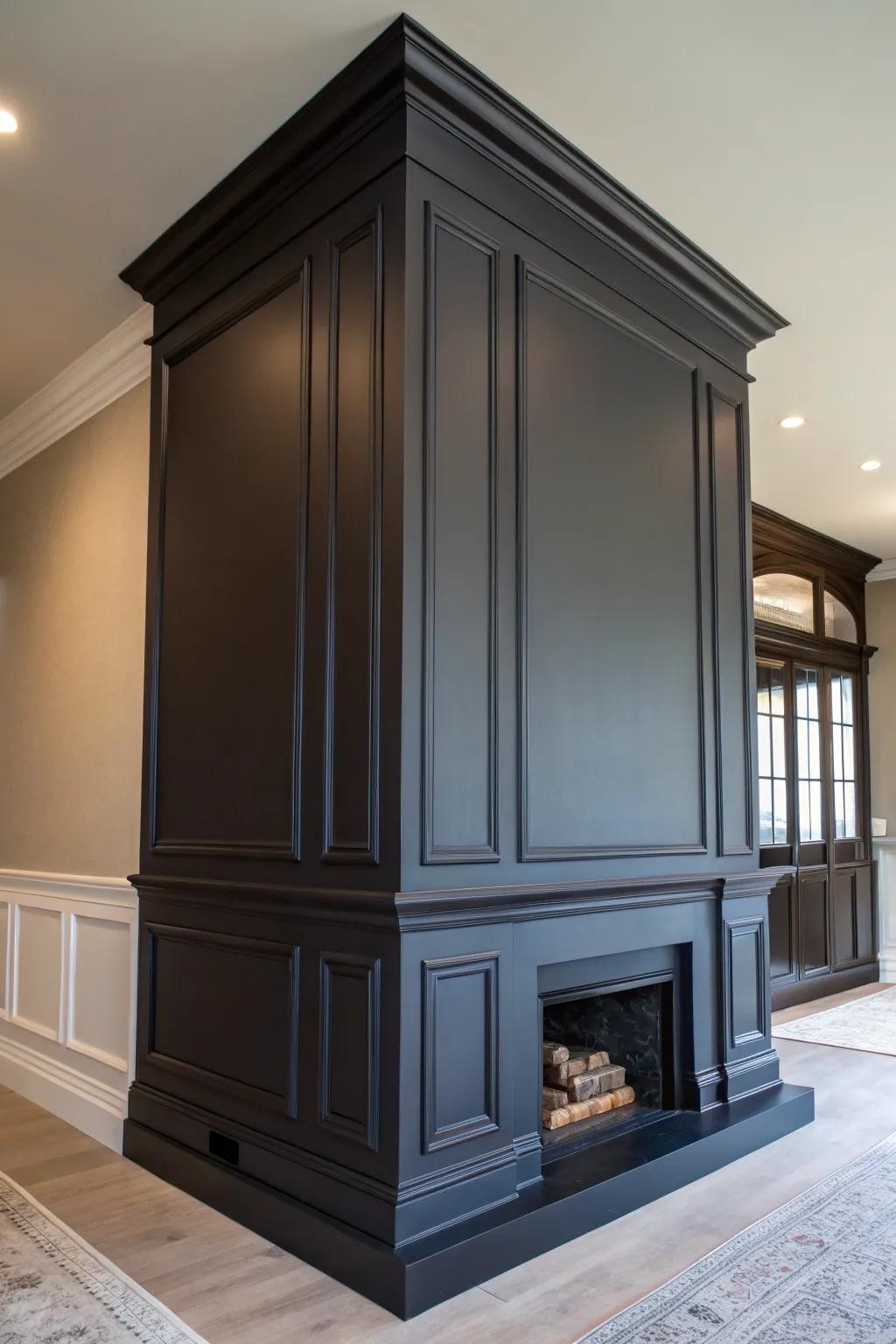 A monochromatic somber pigment fashions a daring declaration on a fireplace wall.