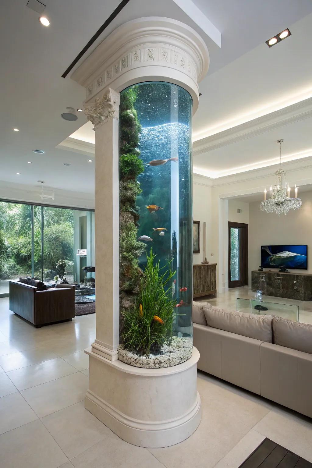 A towering aquarium functioning as an architectural pillar within a modern space.