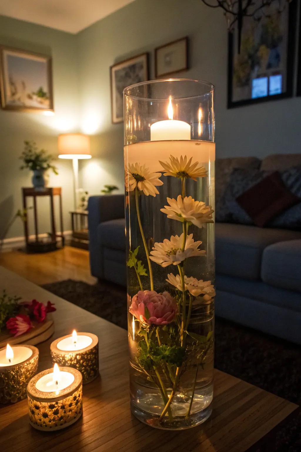 A tall glass vase transformed into a lantern holder, casting a cozy glow in a dim room.