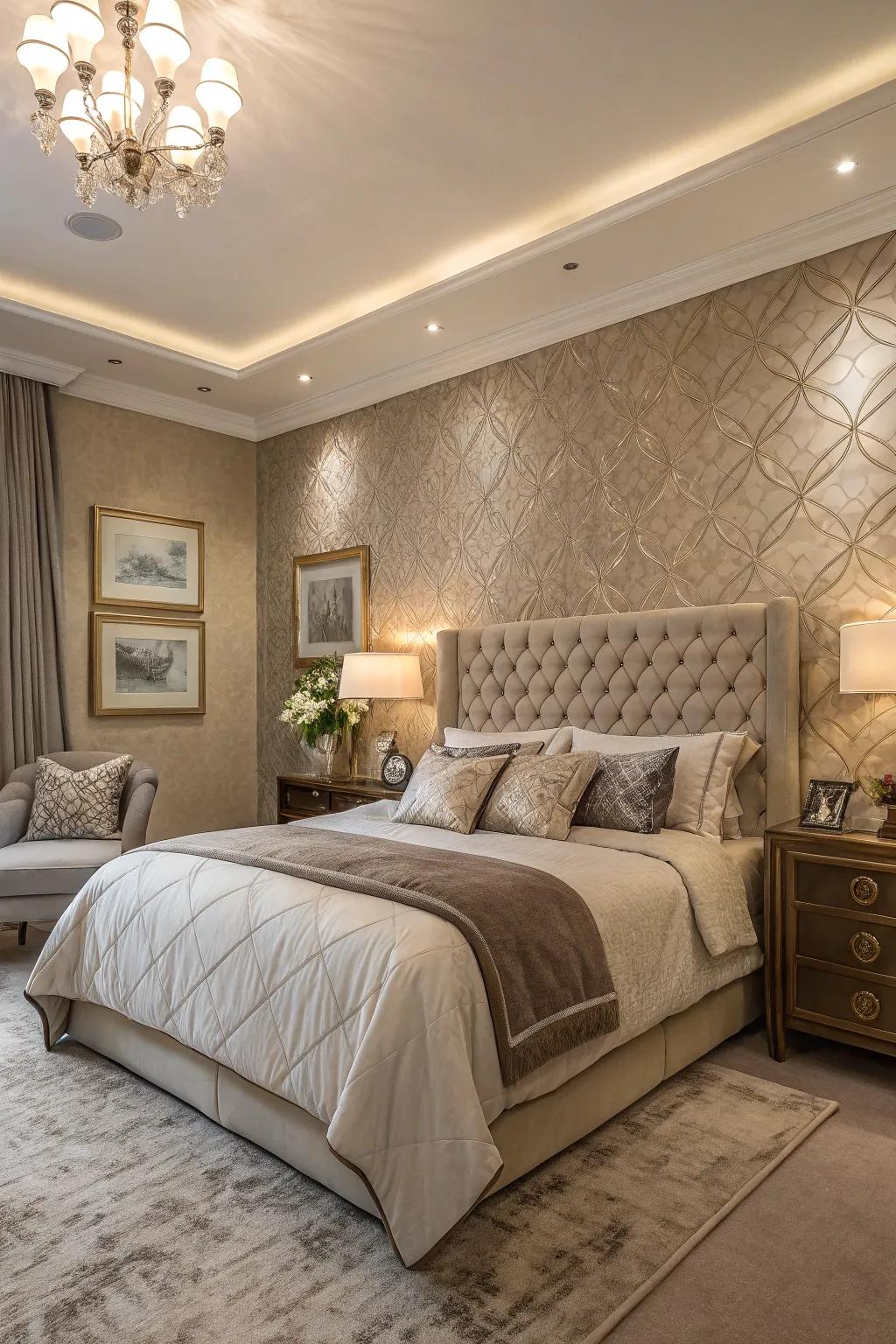 Textured earthen wall covering adds dimension.