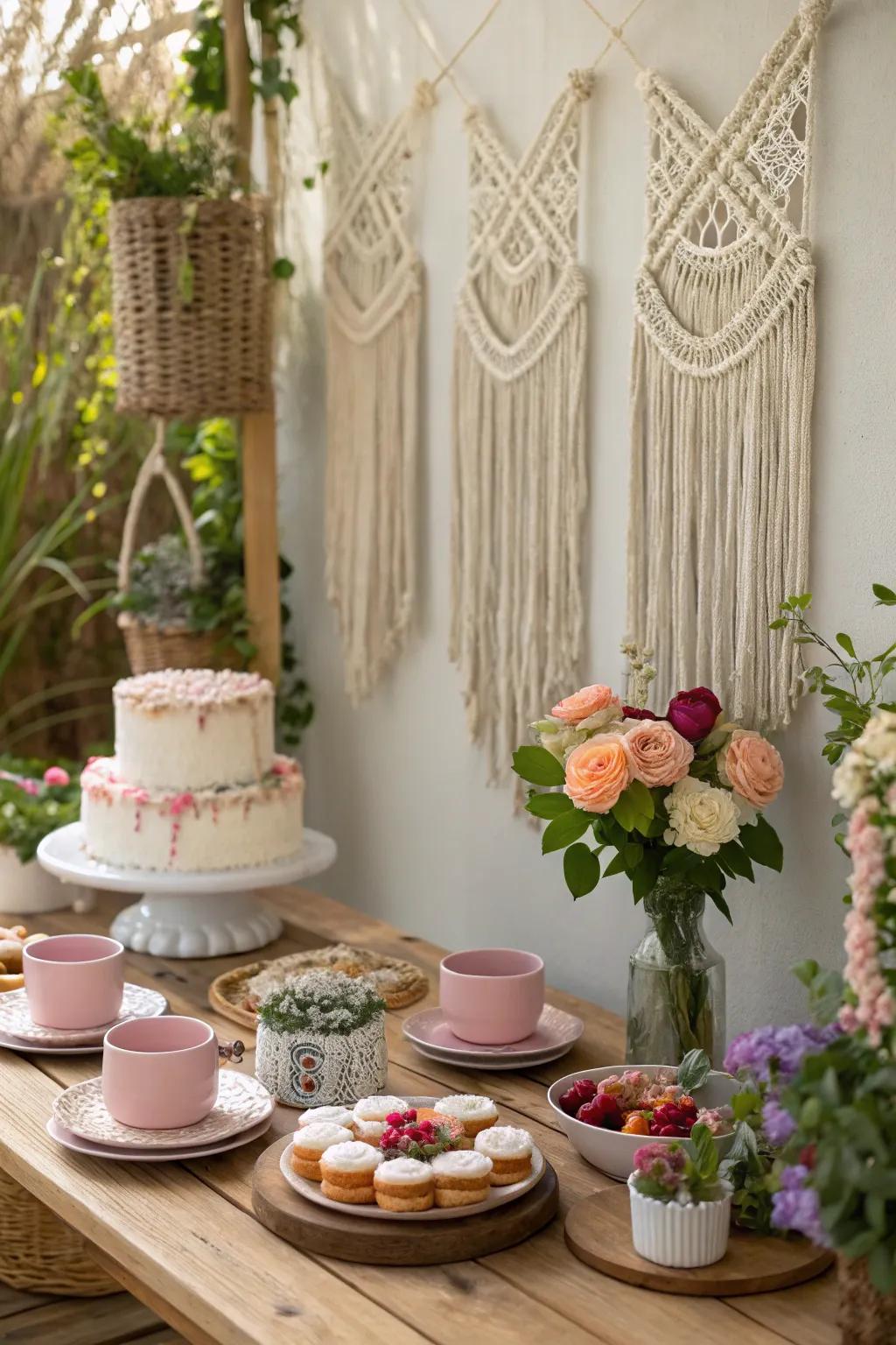 Knotted textile decor lends a bohemian flair to the tea event setting.