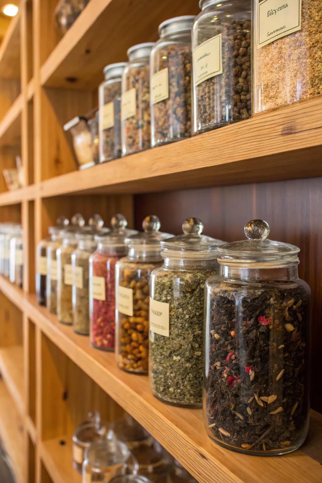 Upcycled jars used for storing tea.