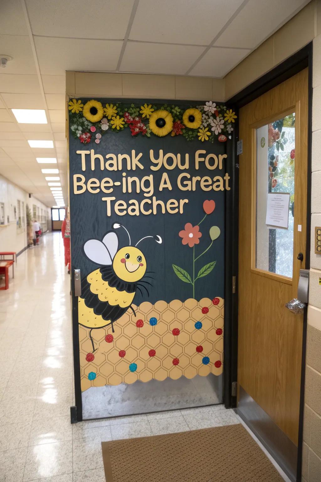 Buzz with appreciation on a bee-themed gratitude doorway.