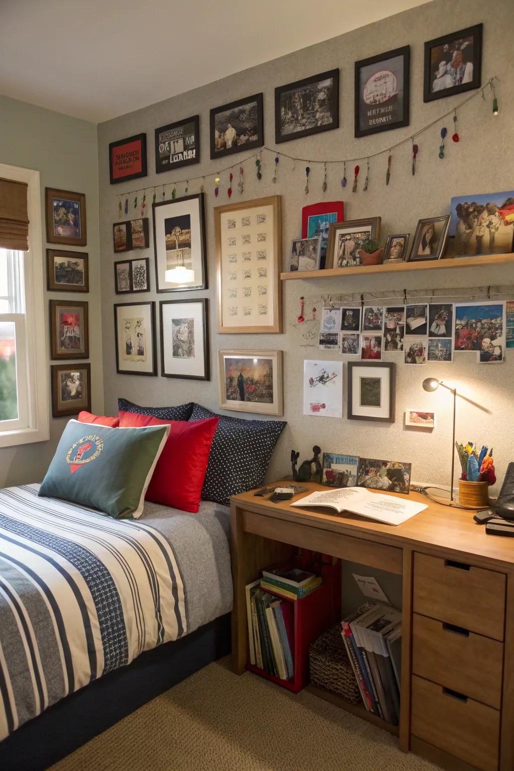 A presentation wall personalizes the area through recollections and triumphs.