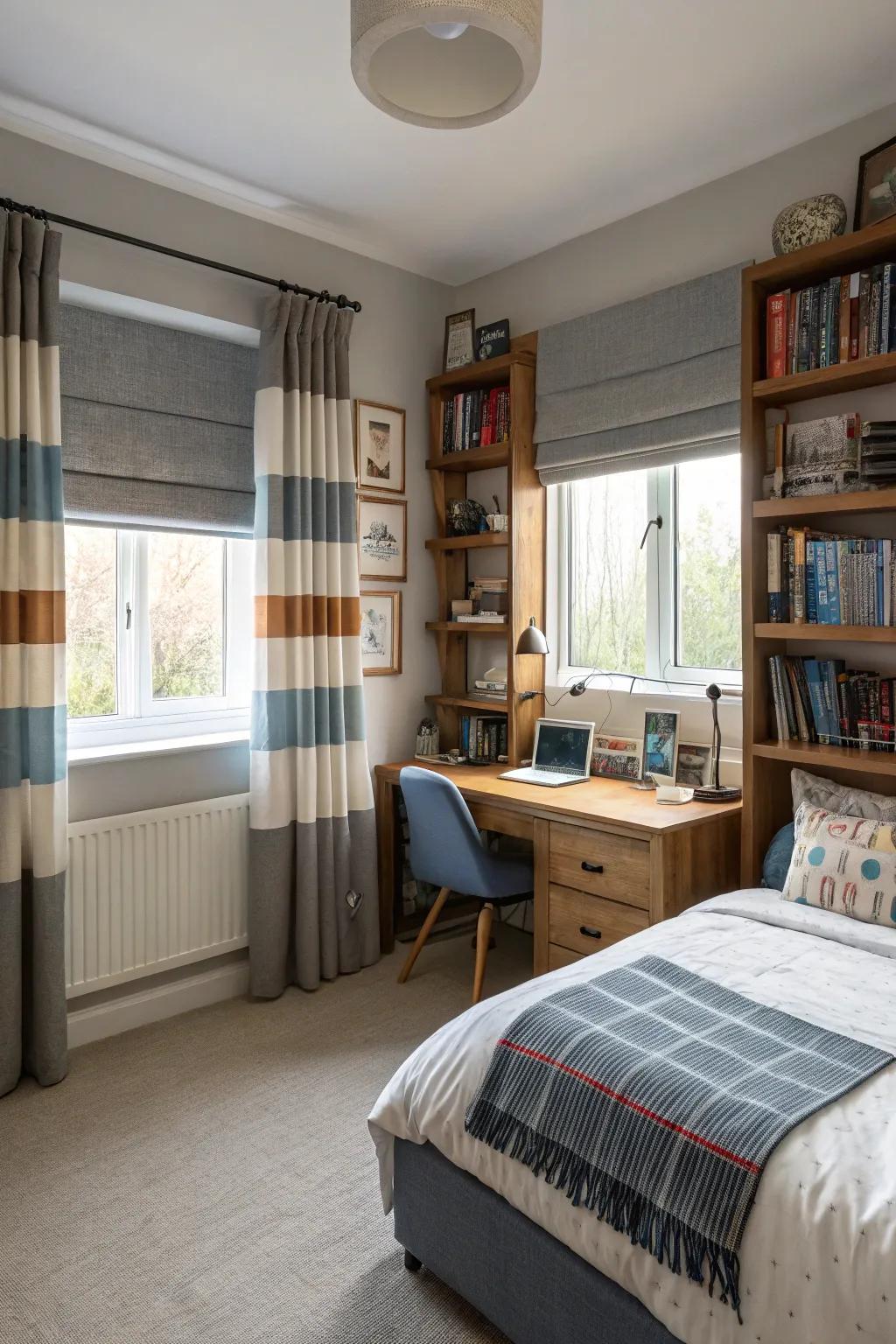 Layered window coverings and blinds provide flexibility in light and privacy.