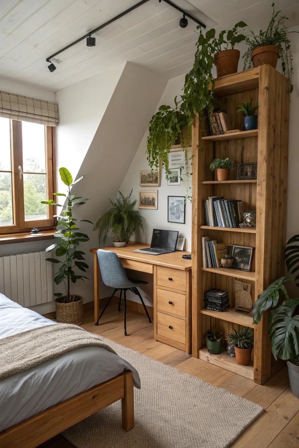 Organic components such as wooden details and plants add warmth to this teen boy's room.