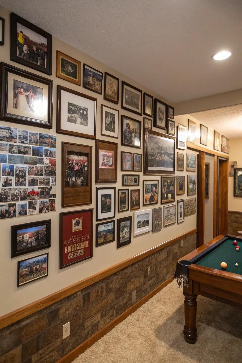 A photo wall adds a personal touch.