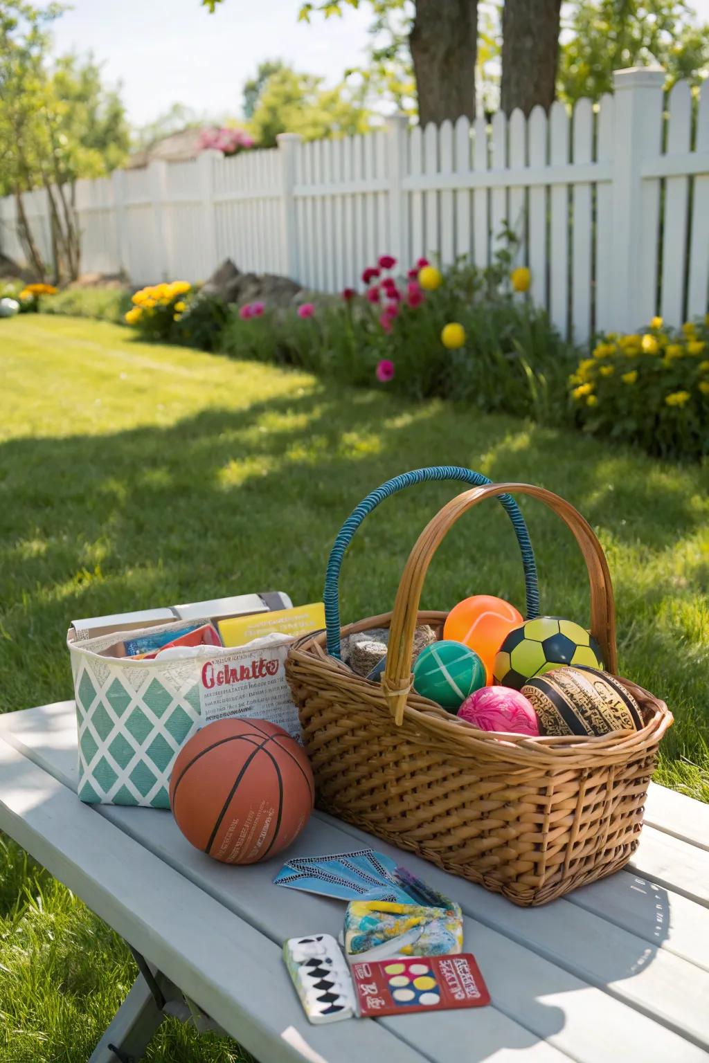 Encourage active time outside using a recreational set nestled in the Easter basket.