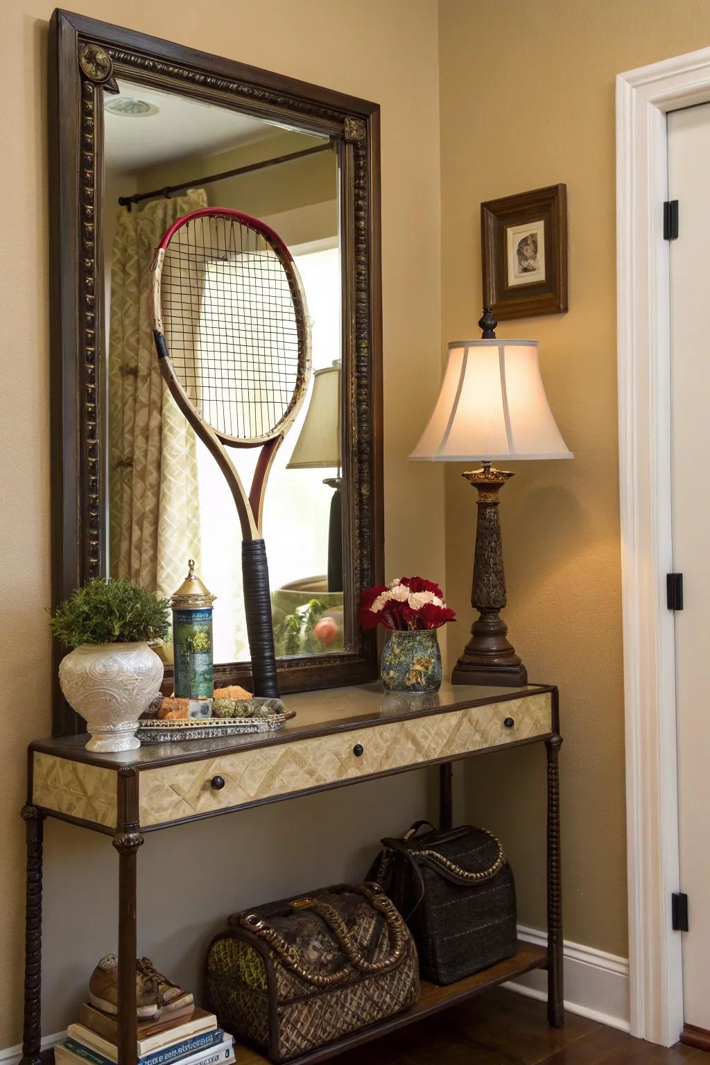 A paddle-framed mirror contributes rustic charm.