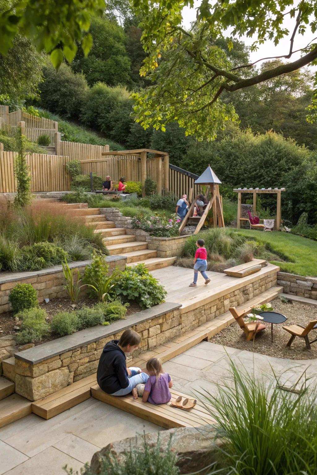 A playful children's area in a tiered garden, providing fun while blending with the natural setting.
