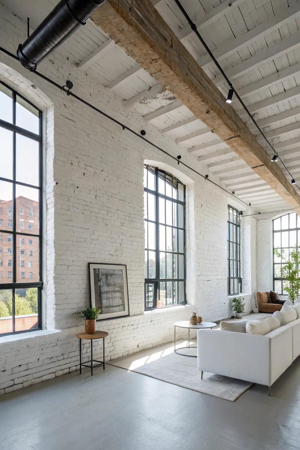 A loft with modern painted white brick walls.