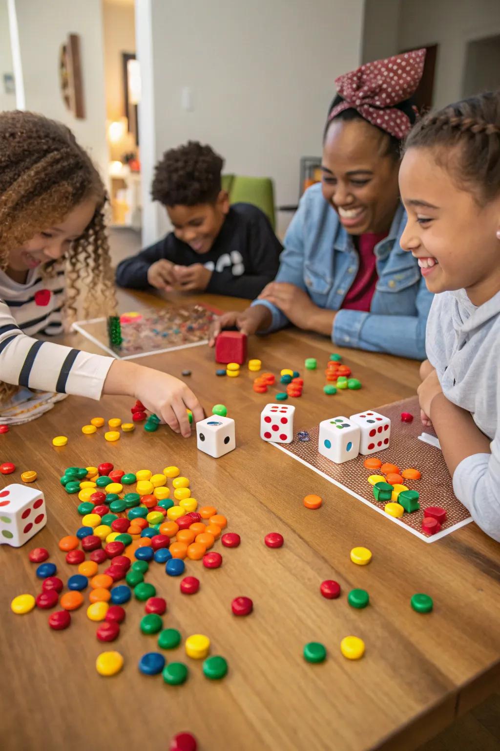 Rolling dice for treats in the Candy Dice Game.