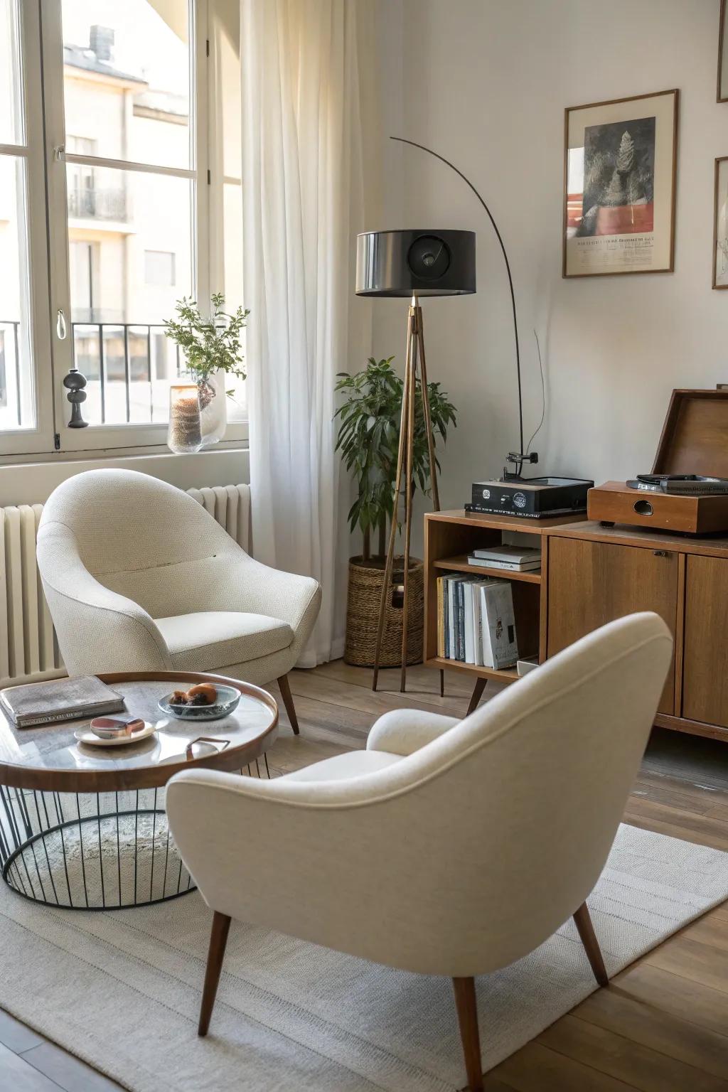 Mid-century modern style featuring retro elegance and functionality.