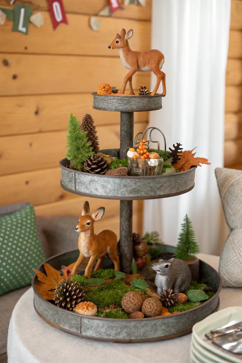 A whimsical forest-themed tiered tray full of enchantment.