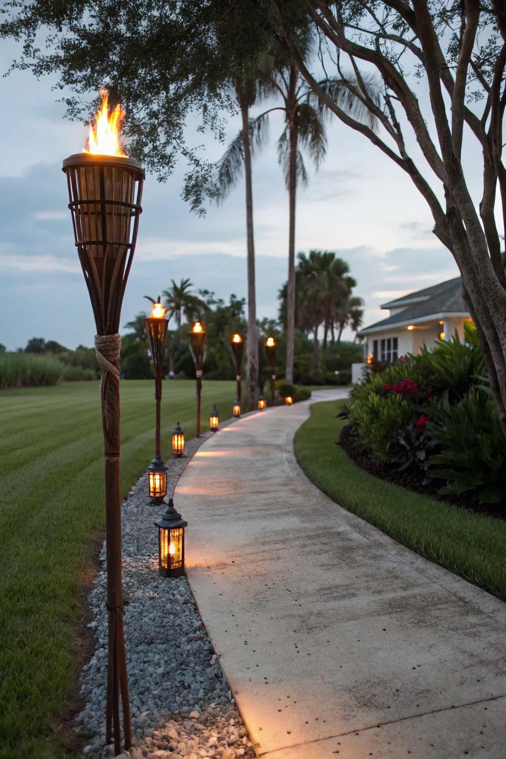 Create a grand entrance with <strong><em>tiki torches</em></strong>.” loading=”lazy” class=”pimg”>
	</picture><figcaption>Create a grand entrance with <strong><em>tiki torches</em></strong>.</figcaption></figure>
<p>Greet guests with <strong><em>tiki torches</em></strong> lining your driveway or walkway. I believe this sets the atmosphere even before the celebration commences.</p>
<h3>Some ideas to consider:</h3>
<ul class=