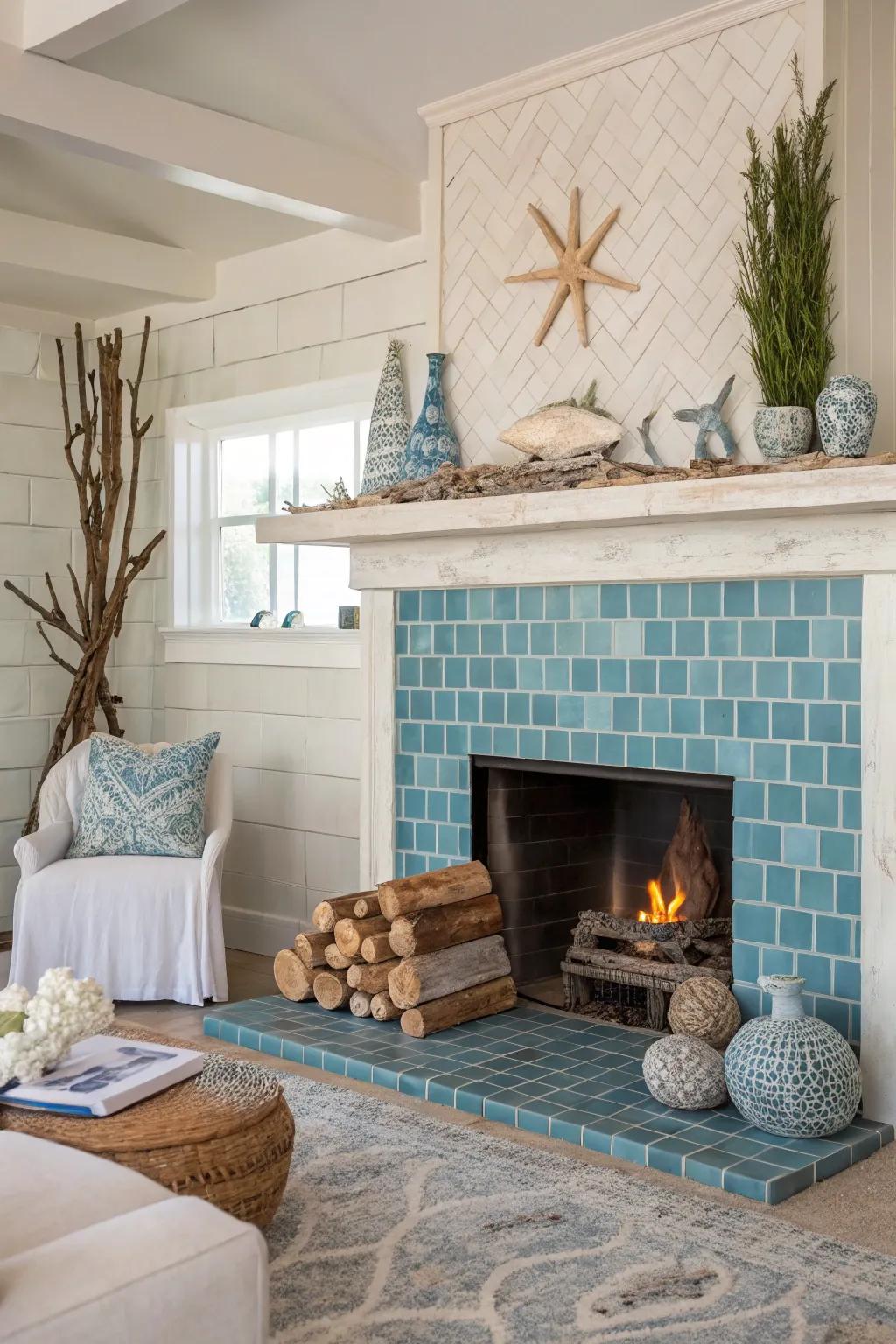 Calming blue stones deliver a relaxed seaside atmosphere indoors.