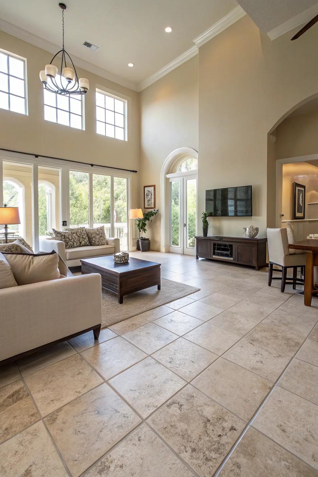 Large format tiles create a seamless and expansive living space.