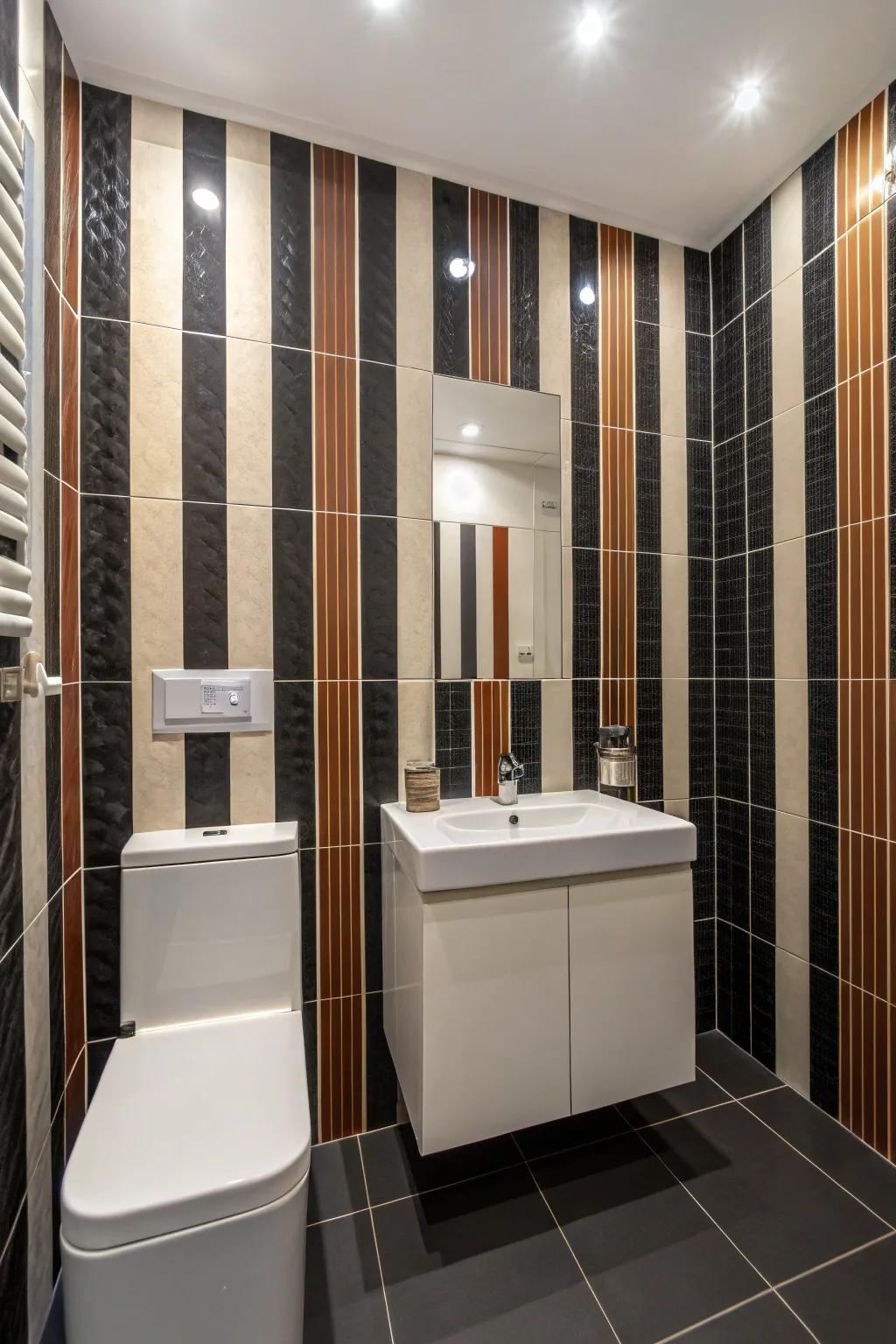 Vertical stripes visually elongate this small bathroom.
