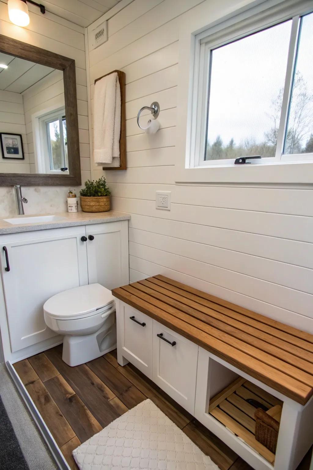 Fold-down features add versatility to this tiny bathroom.