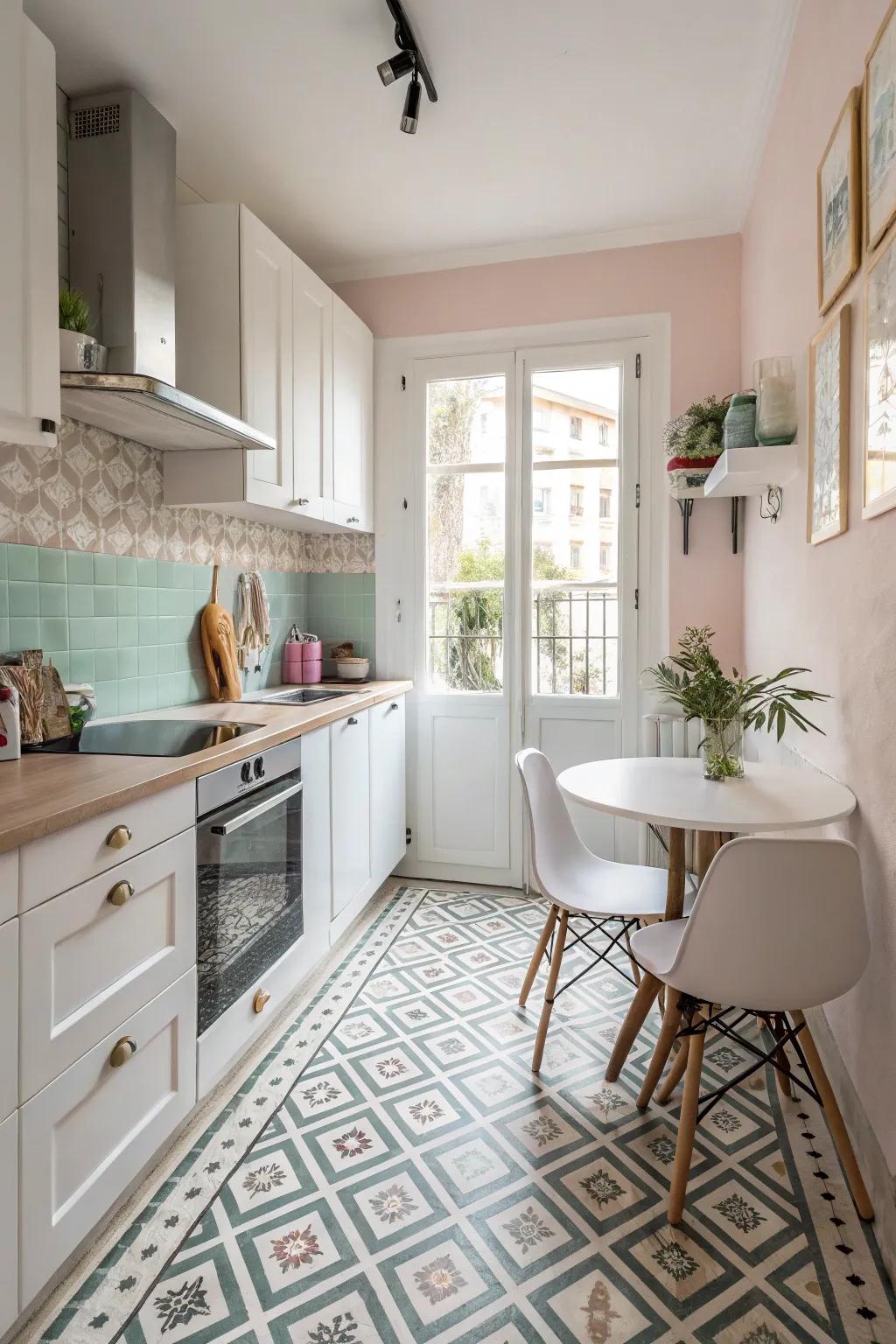 Themed floors add style and the illusion of space in a small kitchen.