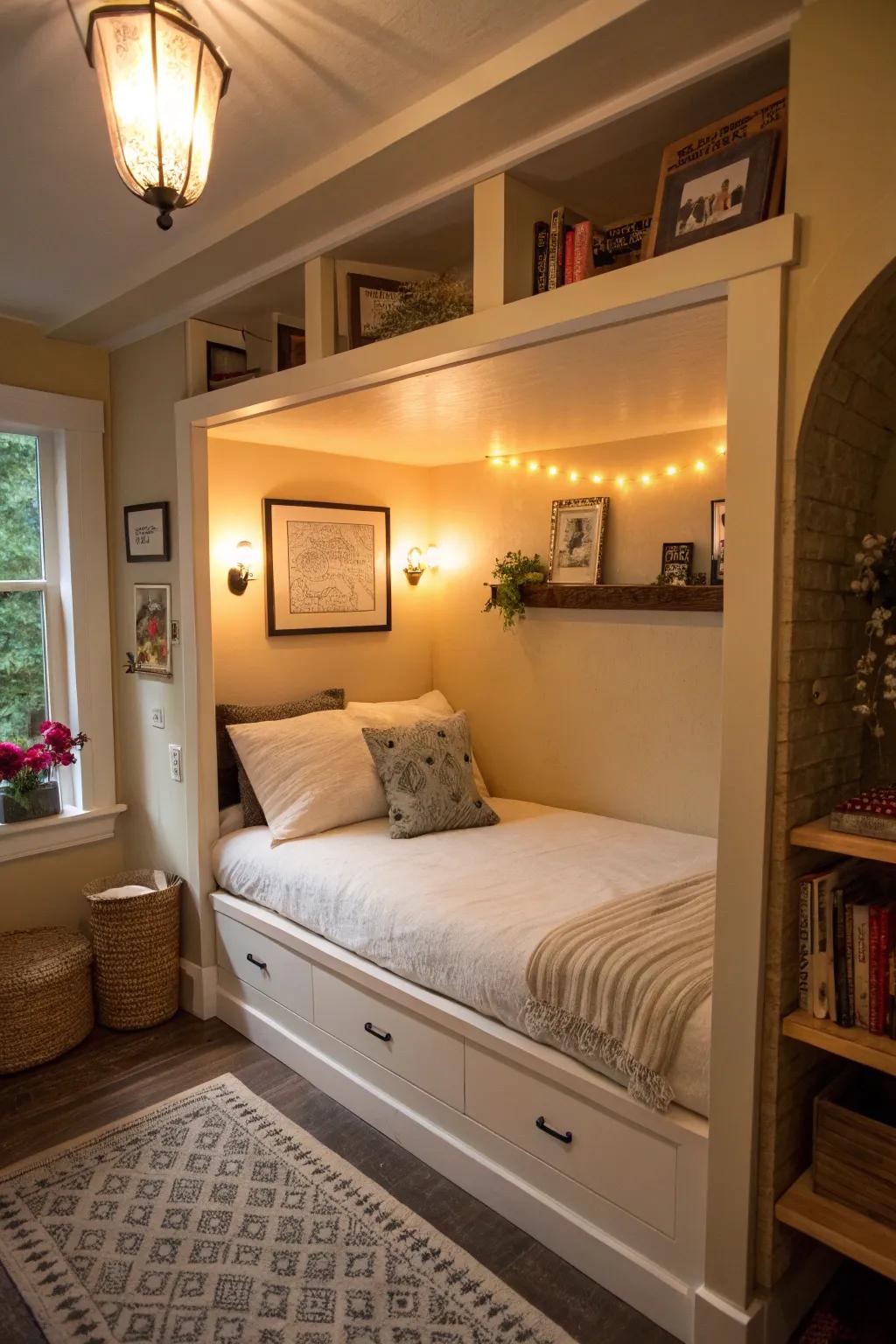 A bed alcove offers a comfortable haven within a small room.