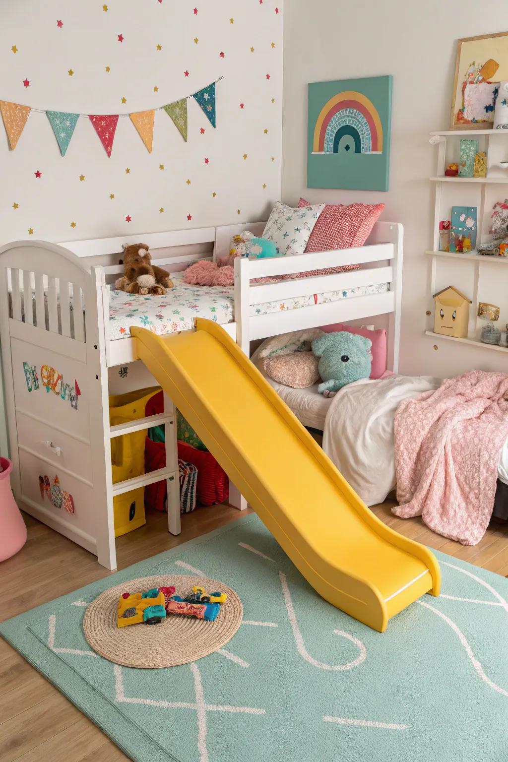 A bed with a sliding board to make mornings fun.