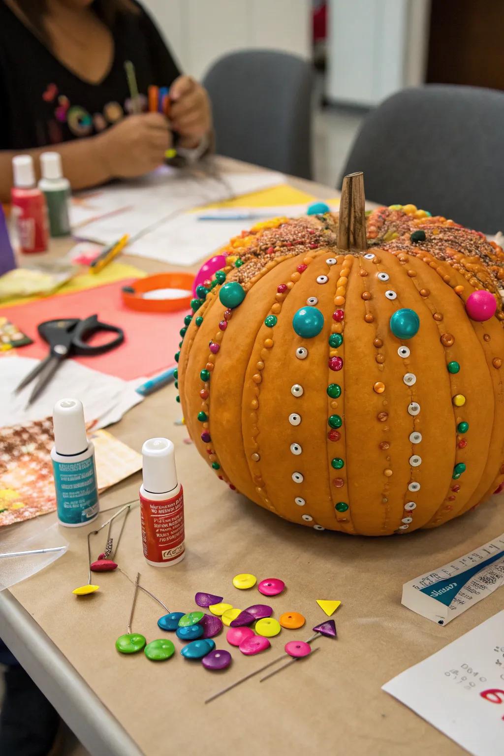 Foster inventiveness through tack pin pumpkin art.