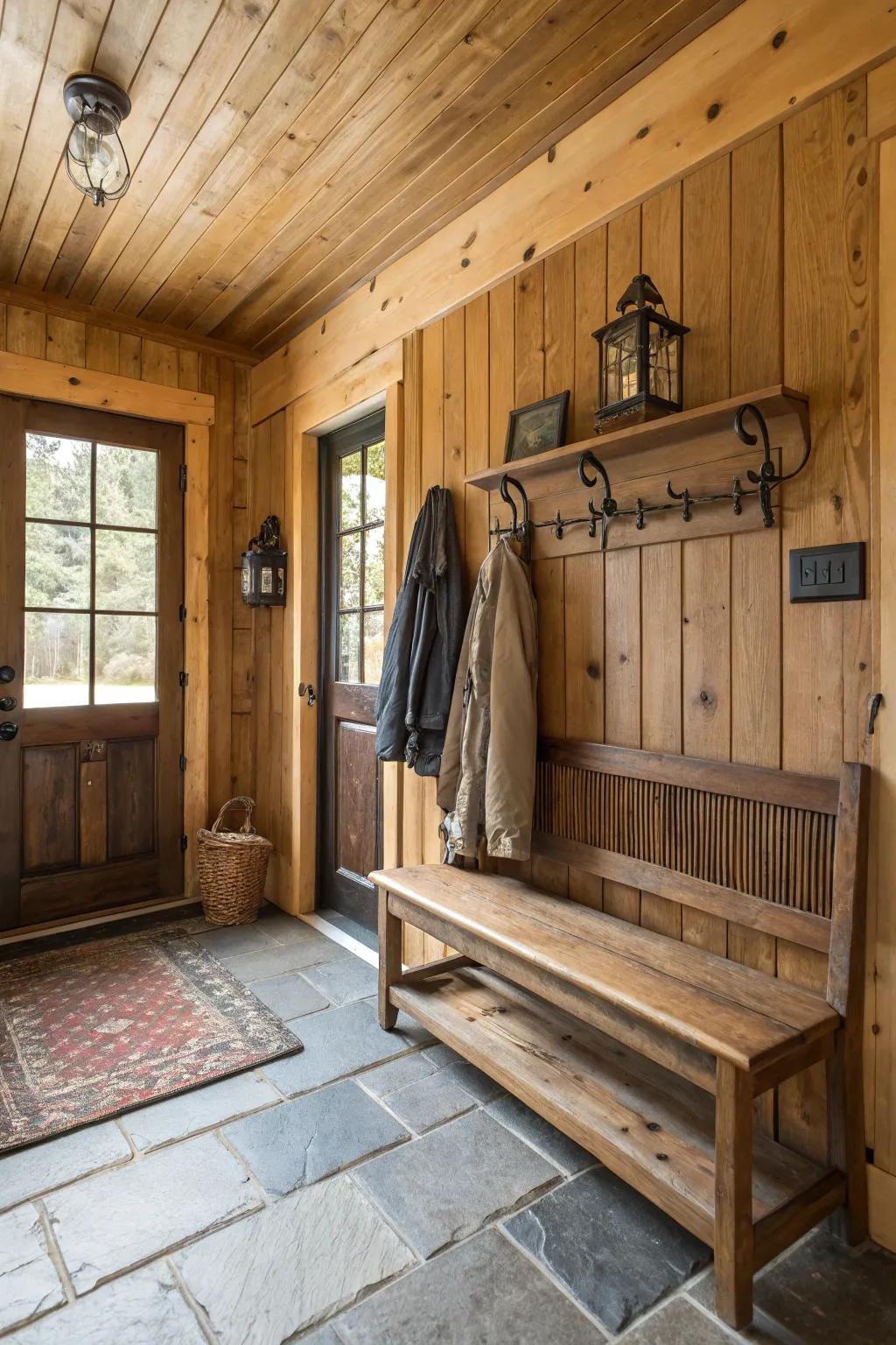 Interlocking plank walls amplify the rustic allure of this entryway.