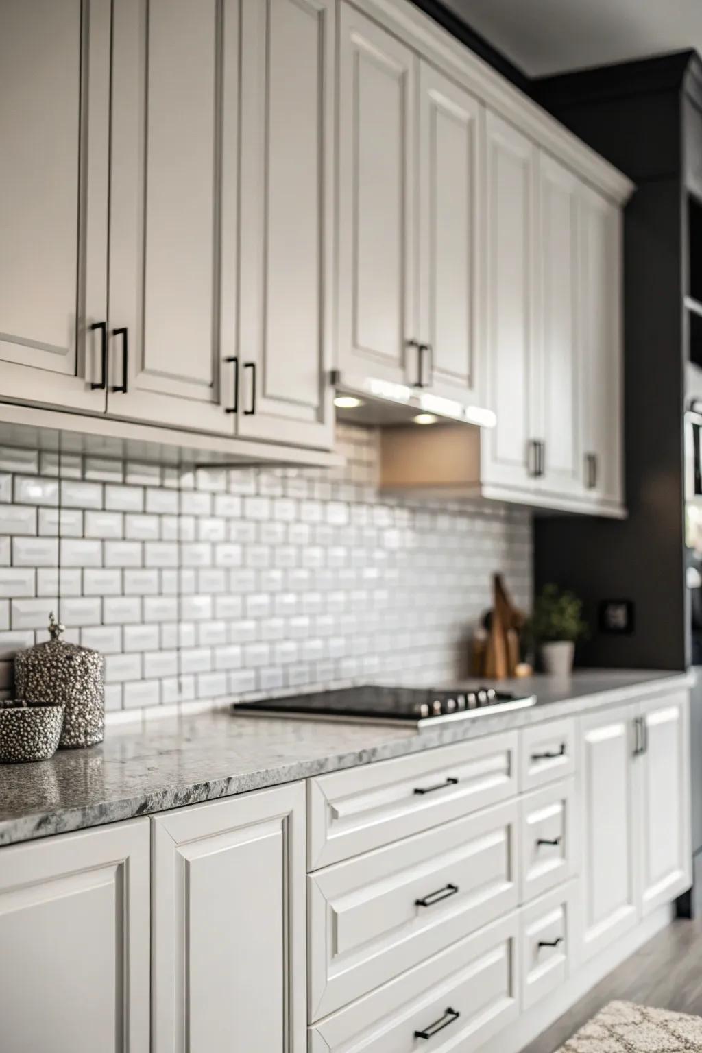 Make a bold statement with a striking monochrome palette above your cabinets.