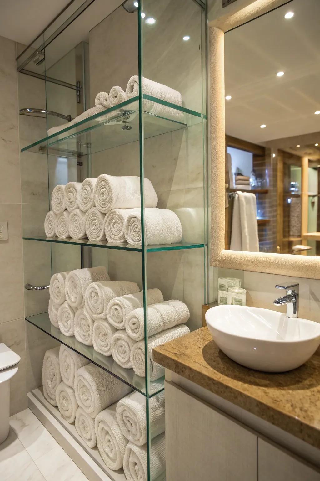 Crystal tiering adds a modern touch to towel holding in small bathrooms.
