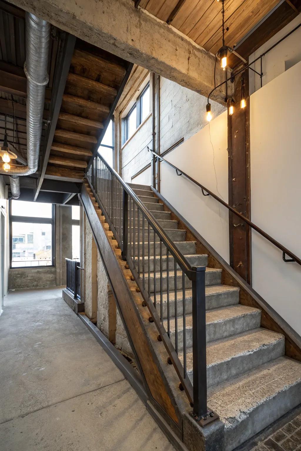 Exposed steel and concrete impart an industrial advantage to this staircase.