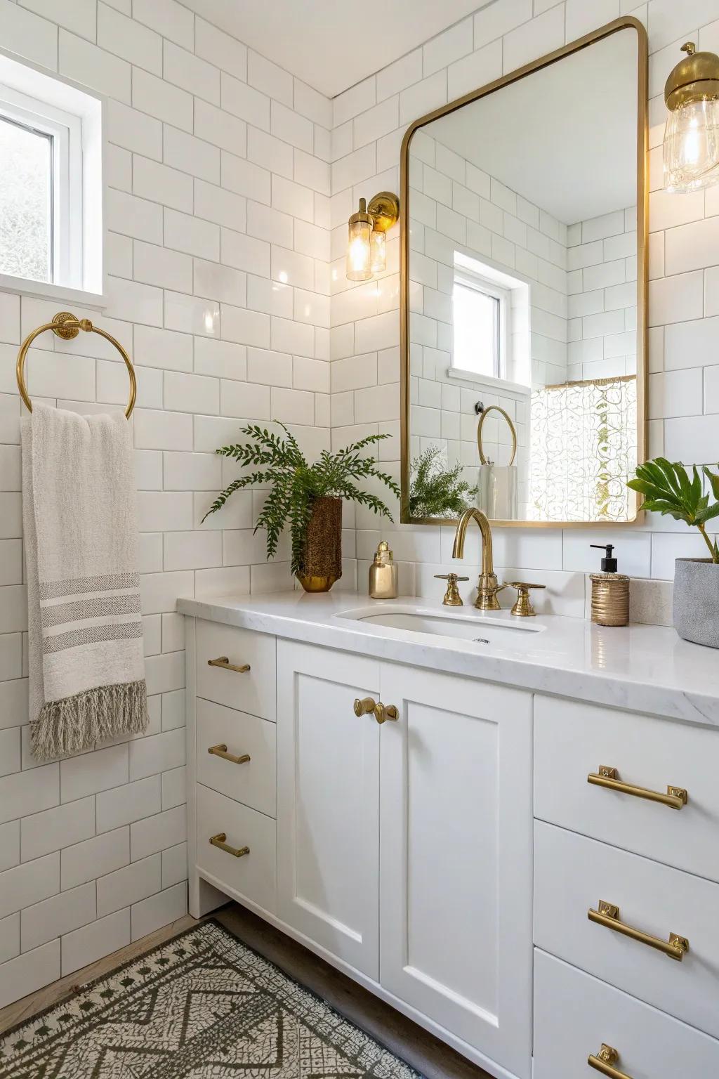 A white bathroom improved by the warmth and charm of golden fixtures.