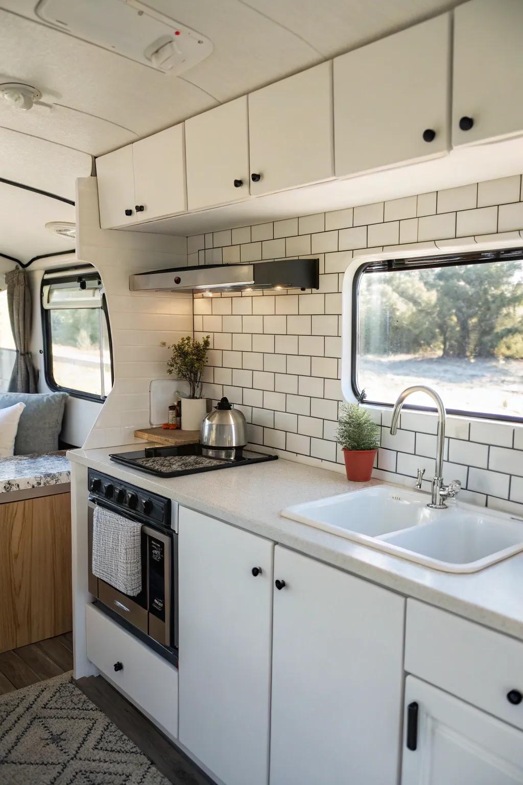 Minimalist designs offer elegance and simplicity in your RV kitchen.