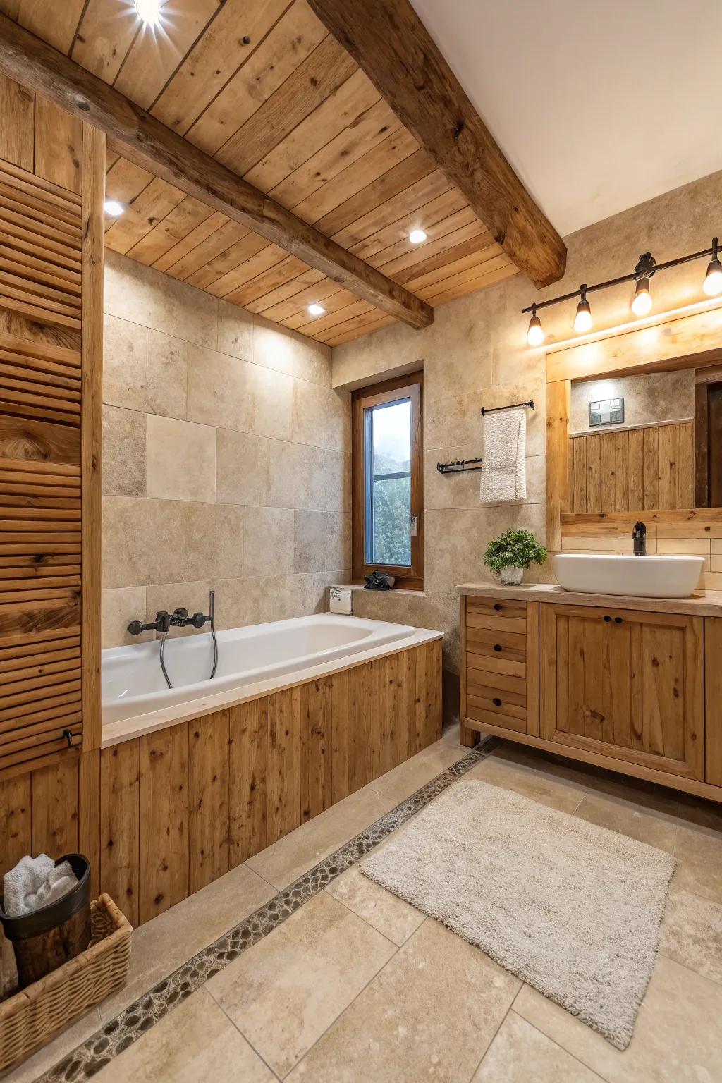 A travertine bathroom is accentuated by eco-friendly, upcycled wood features.
