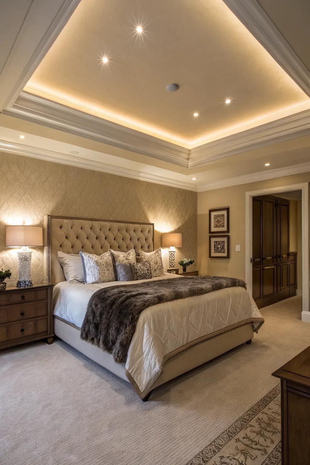 An elegant bedroom basking in the subtle light from cove lighting.