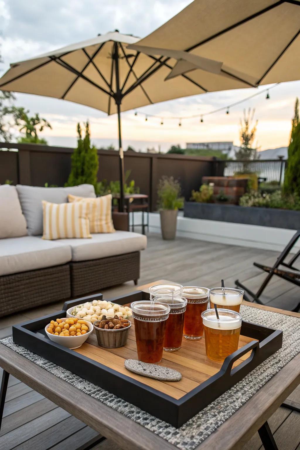 A relaxed outdoor patio showcasing a delightfully arranged tray.