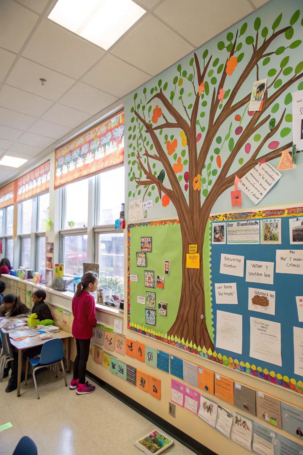 A classroom connection tree bulletin board with student artwork.