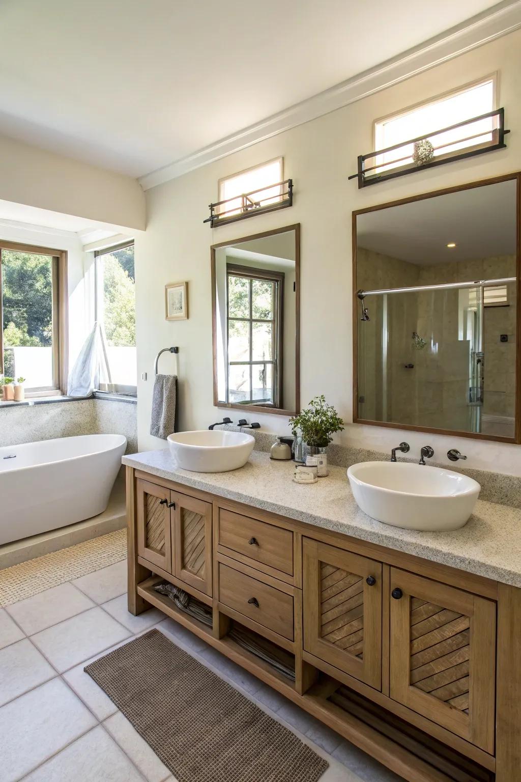A bathroom includes a double vanity, which facilitates easy sharing of space.