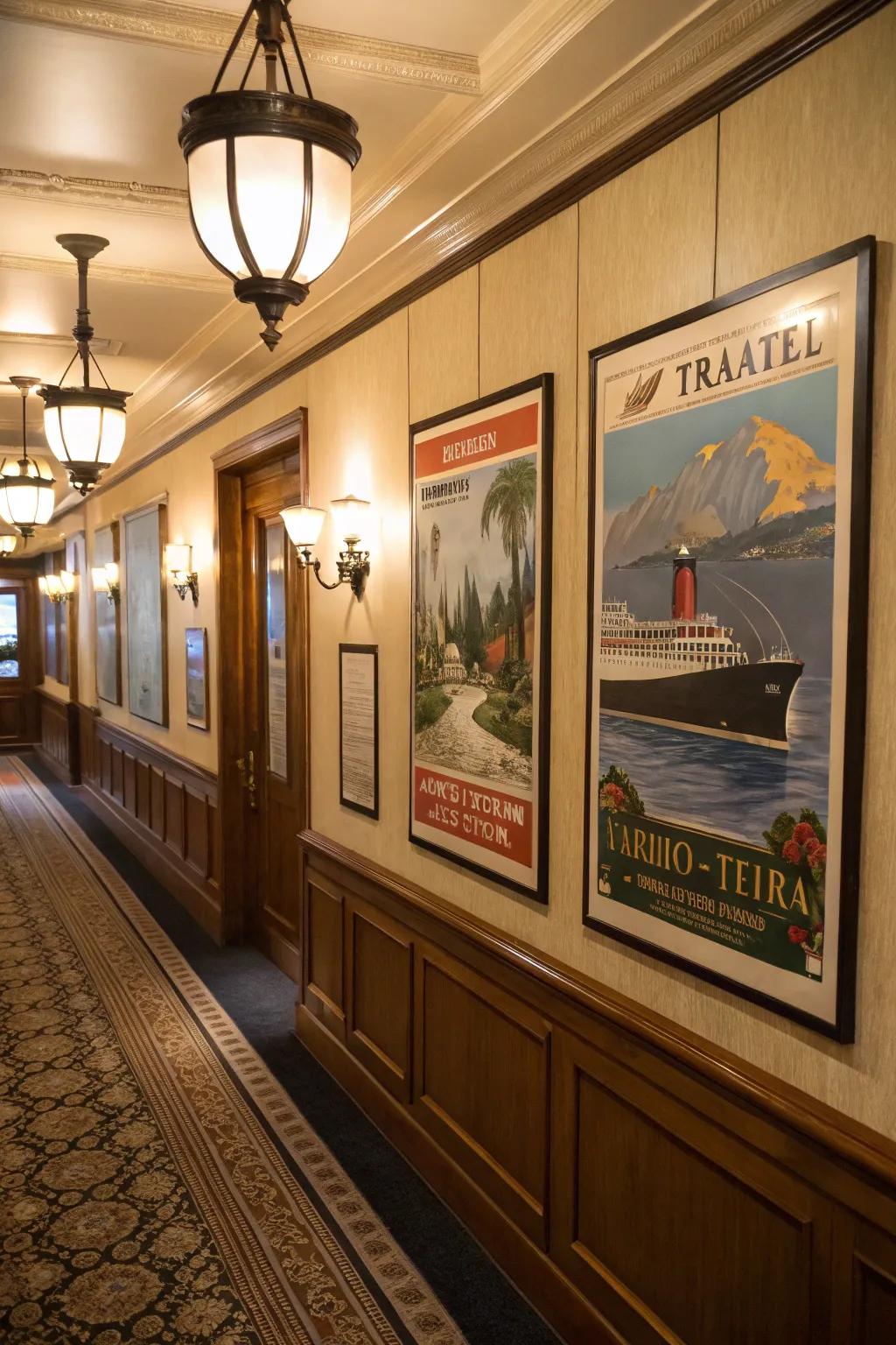 Nostalgic triptych art with vintage travel posters.