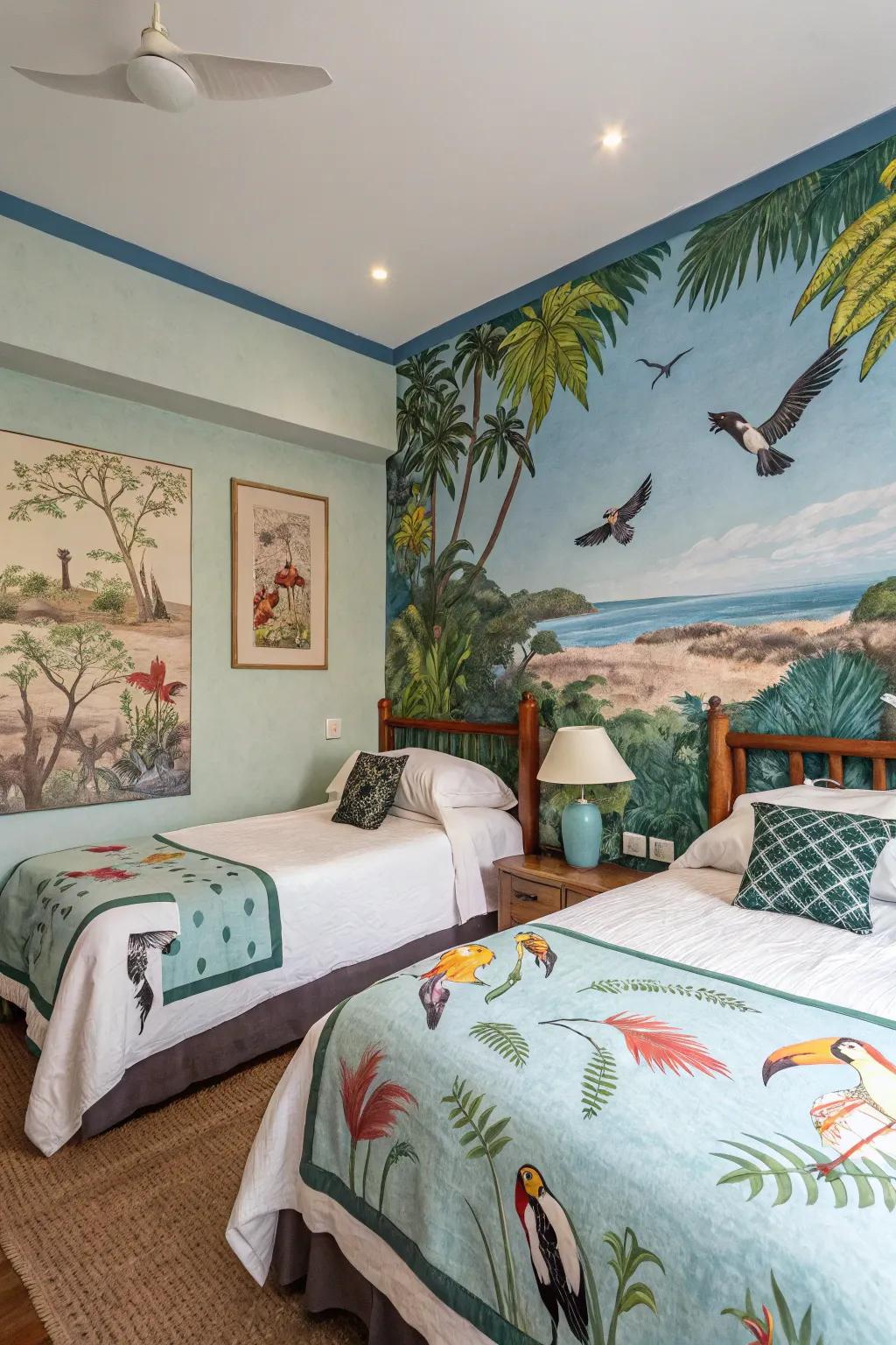 Tropical wildlife artwork serves as a captivating focal point.