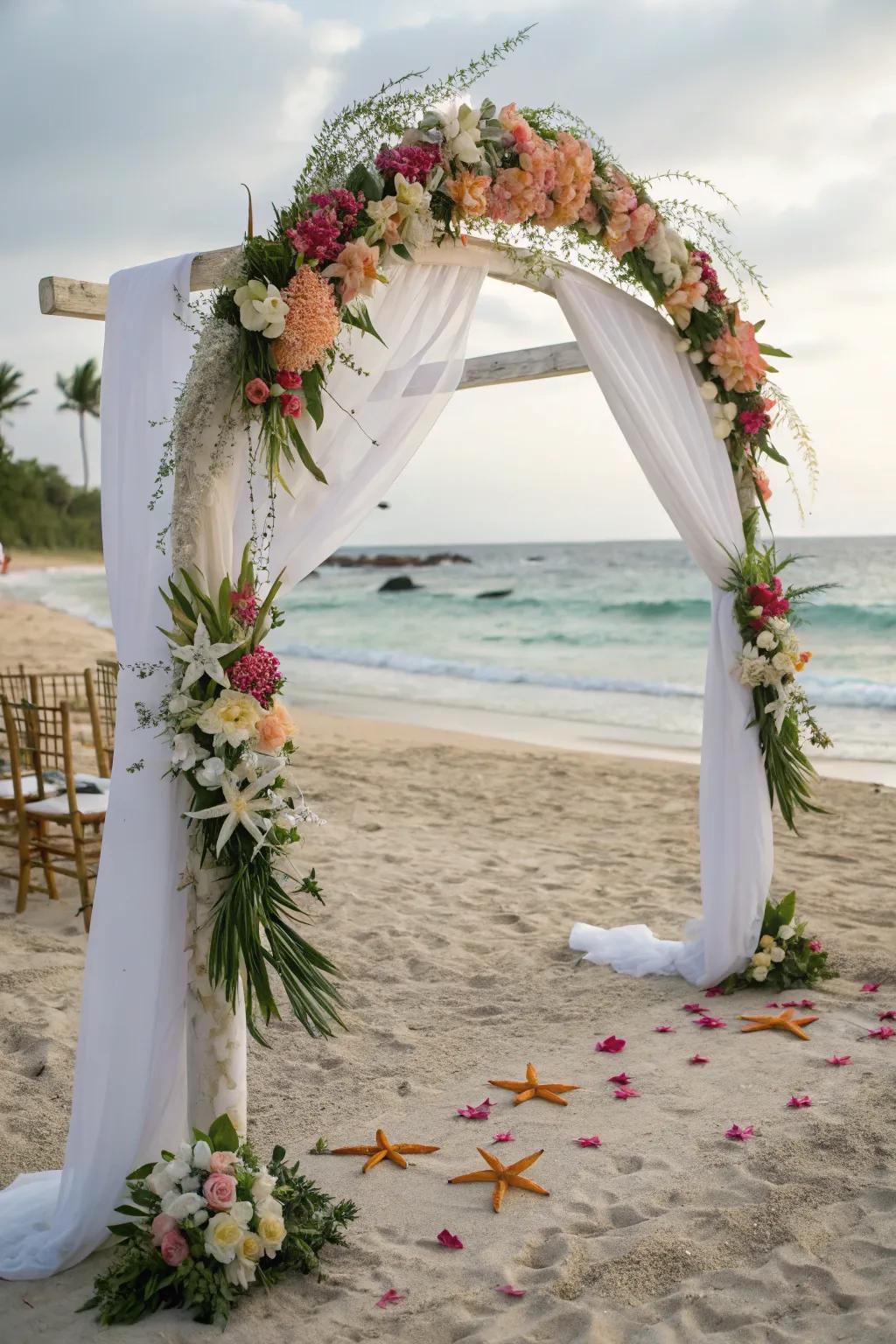 An elegant arch showcasing starfish and tropical accents.