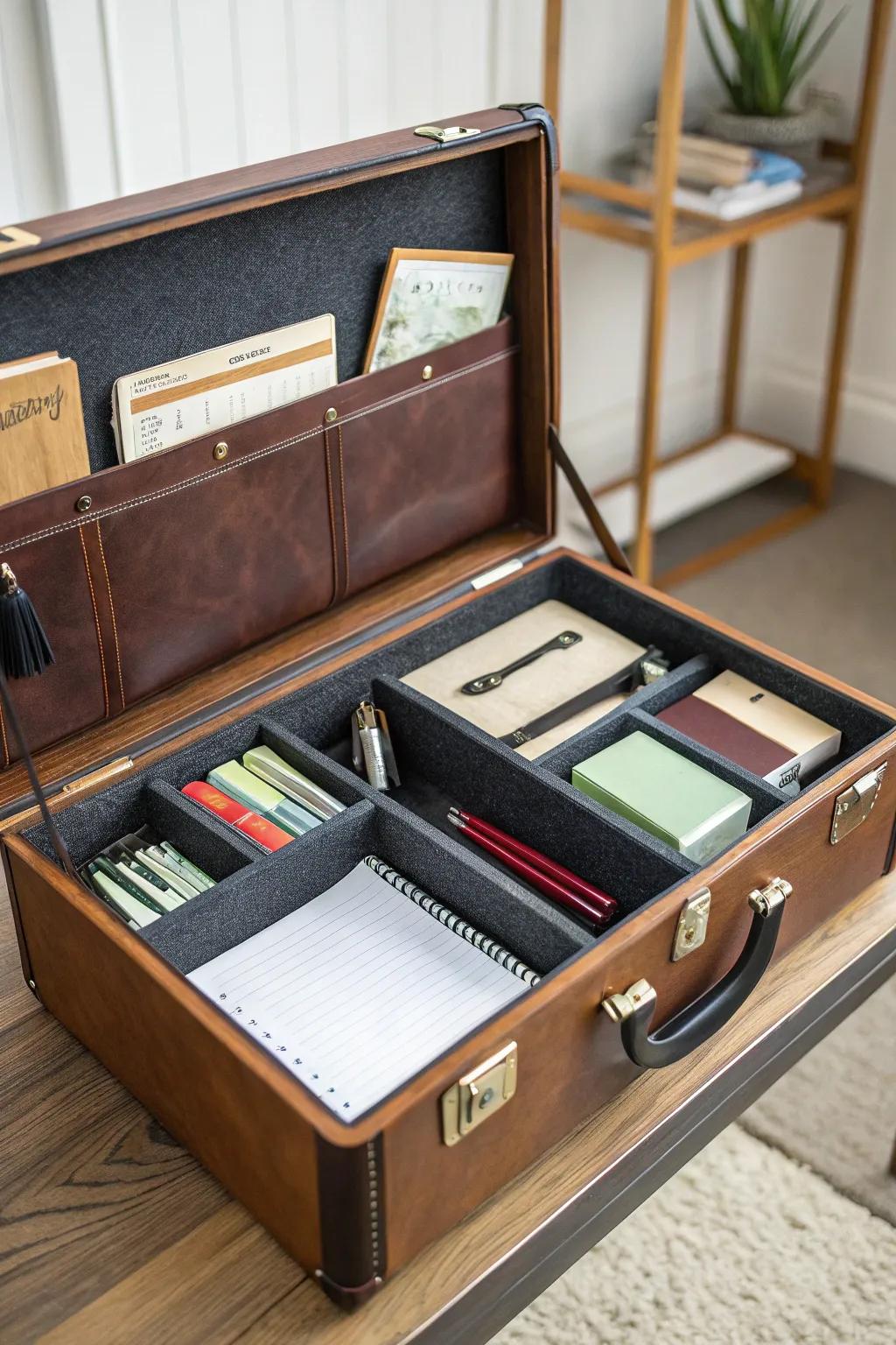 A trunk provides stylish storage in a home office setting.