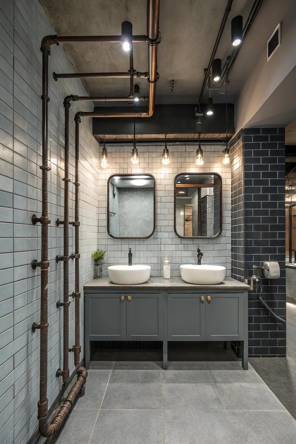 Uncovered ducts add an industrial chic vibe to the tub-in-shower bathroom.