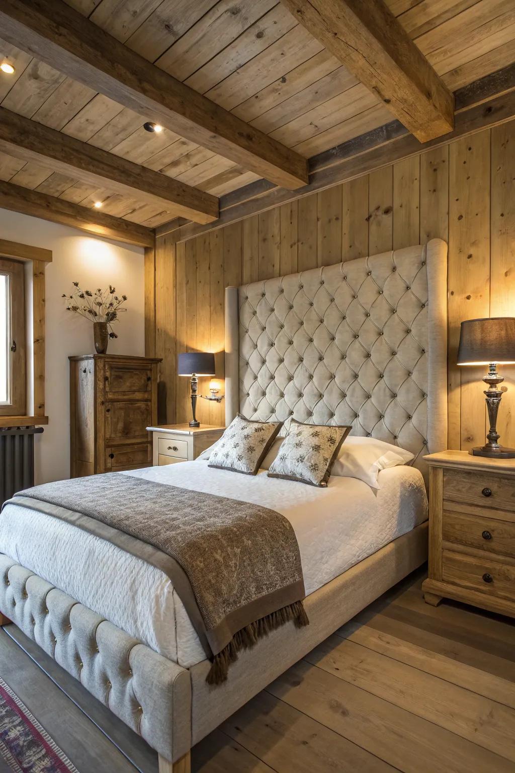 A pastoral bedroom with a snug tufted headboard.