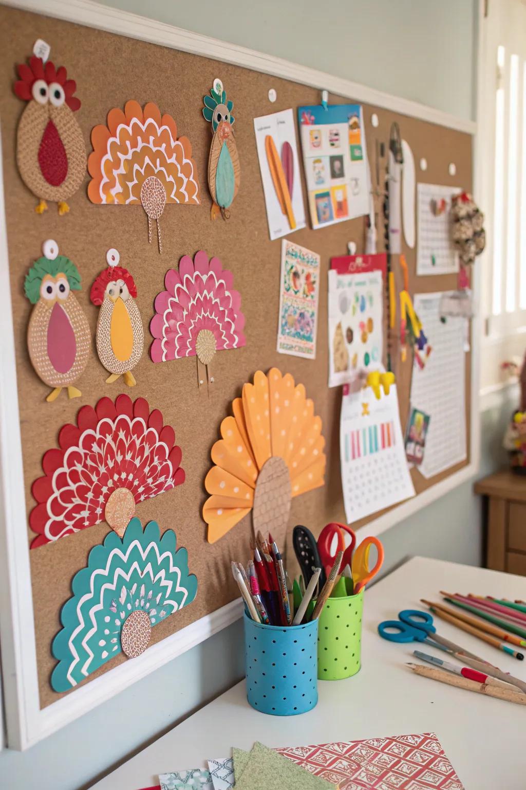 Patterned craft paper turkeys add a handmade touch to the decor.