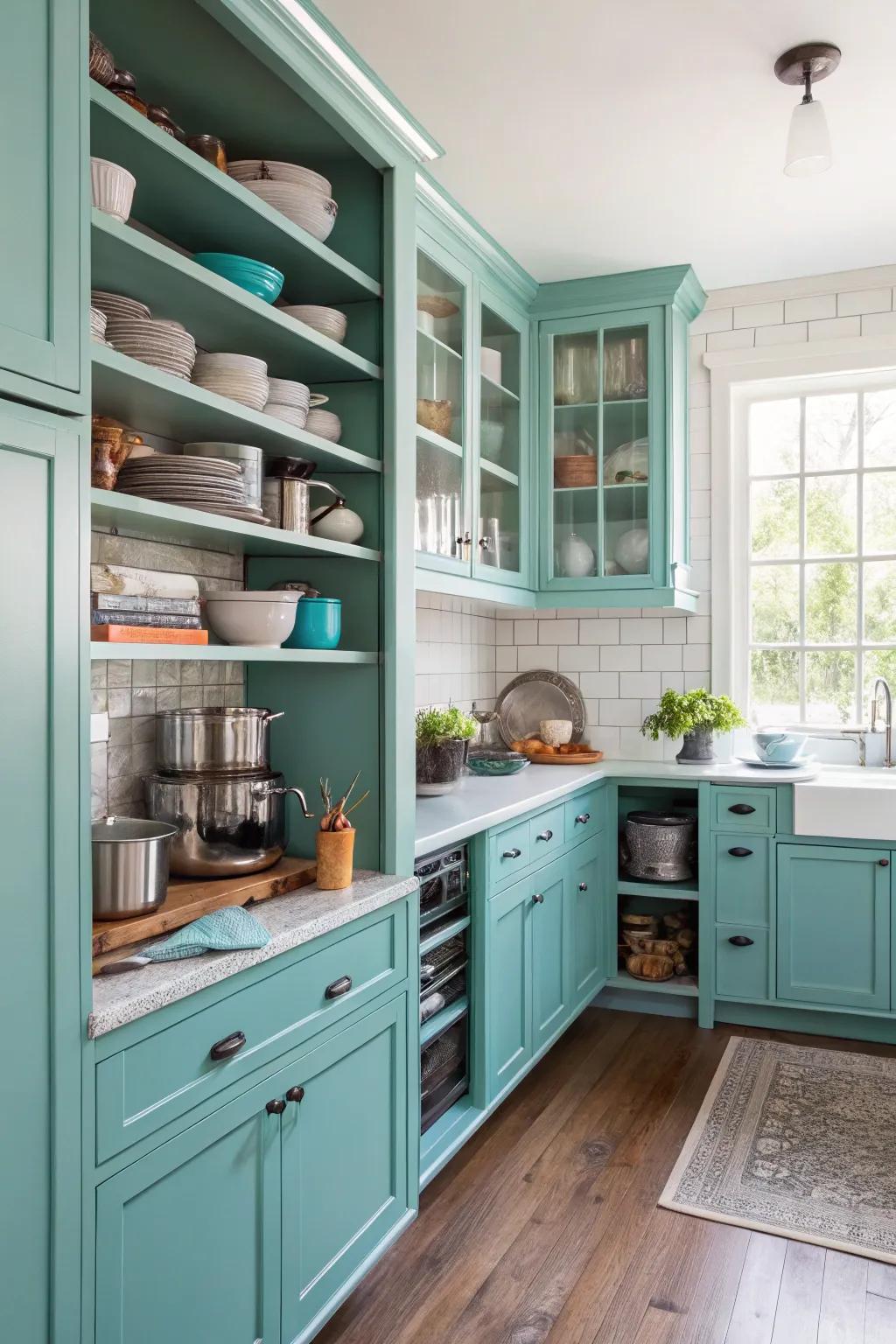 Exposed shelving incorporating functionality to a turquoise kitchen design.