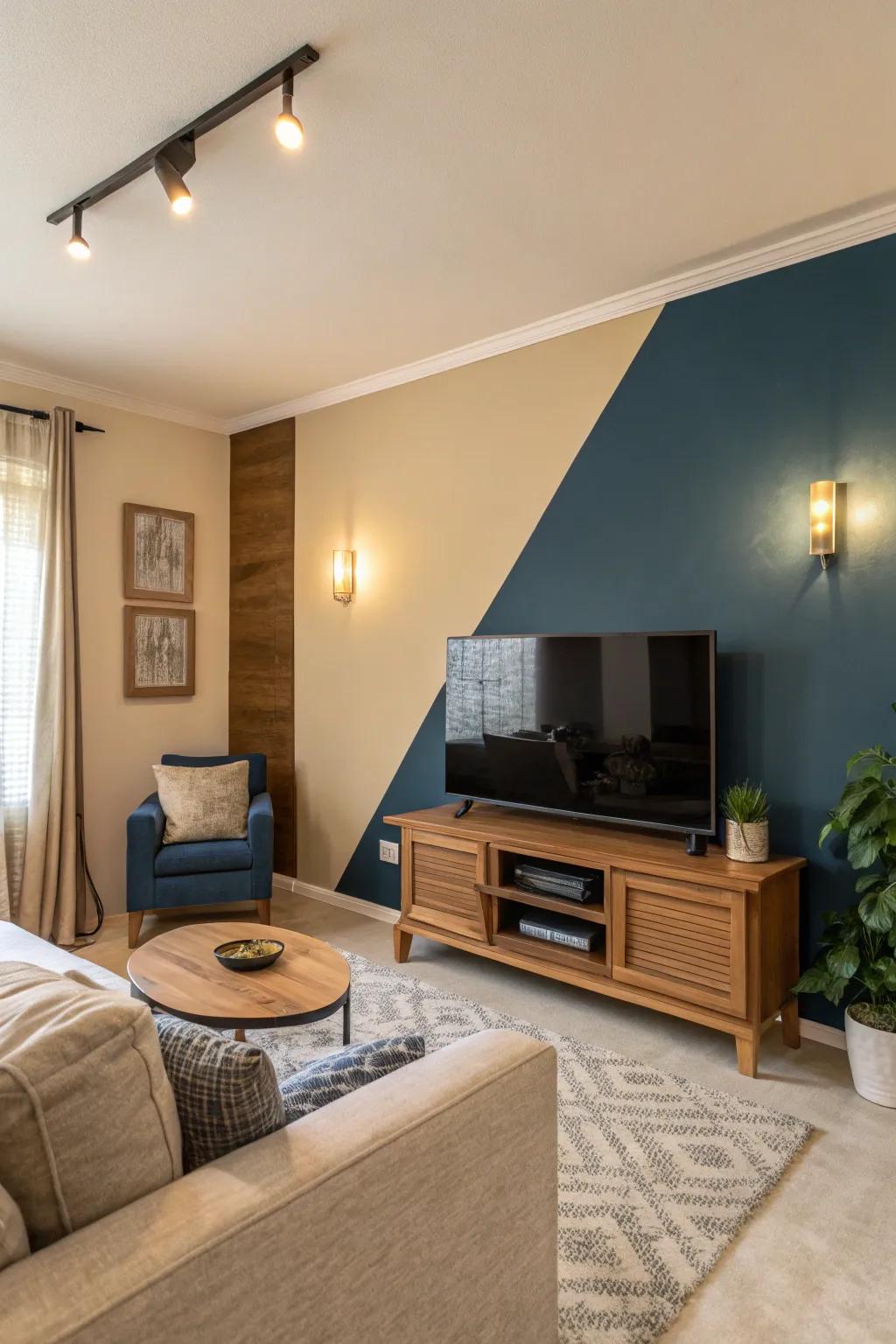 Two-tone colors create a sophisticated contrast on this TV feature wall.