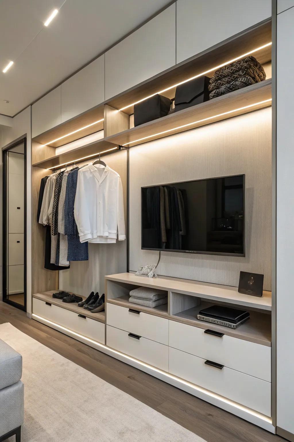 A wall-attached shelf offers a streamlined solution for TV placement.