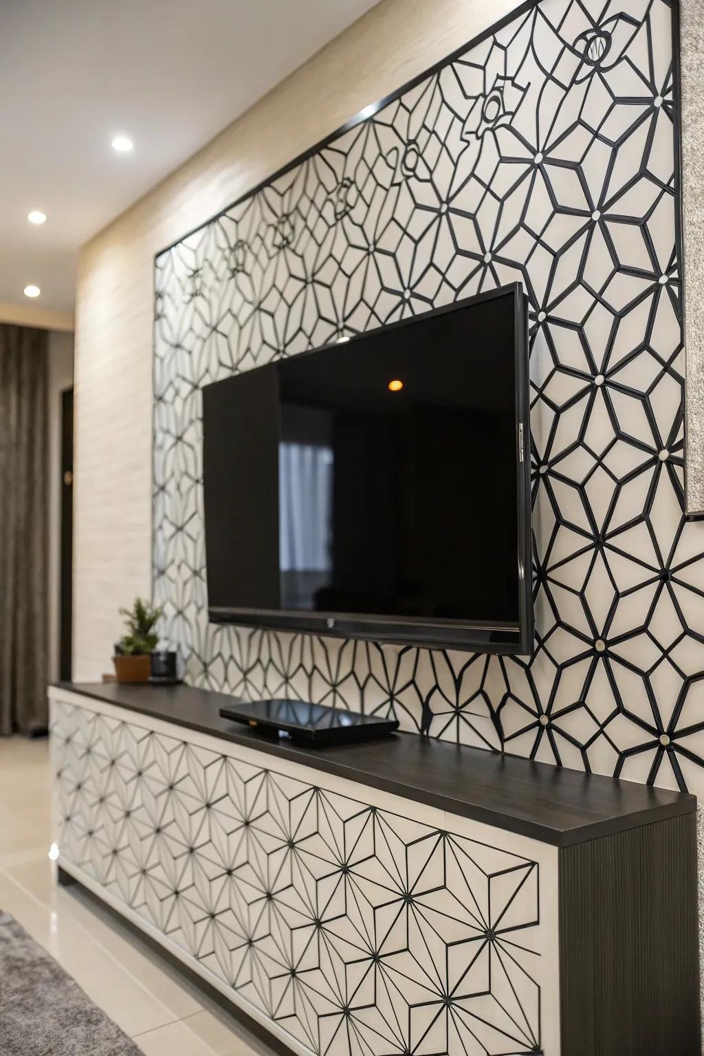 Geometric patterns enrich this media wall using a modernized panache.