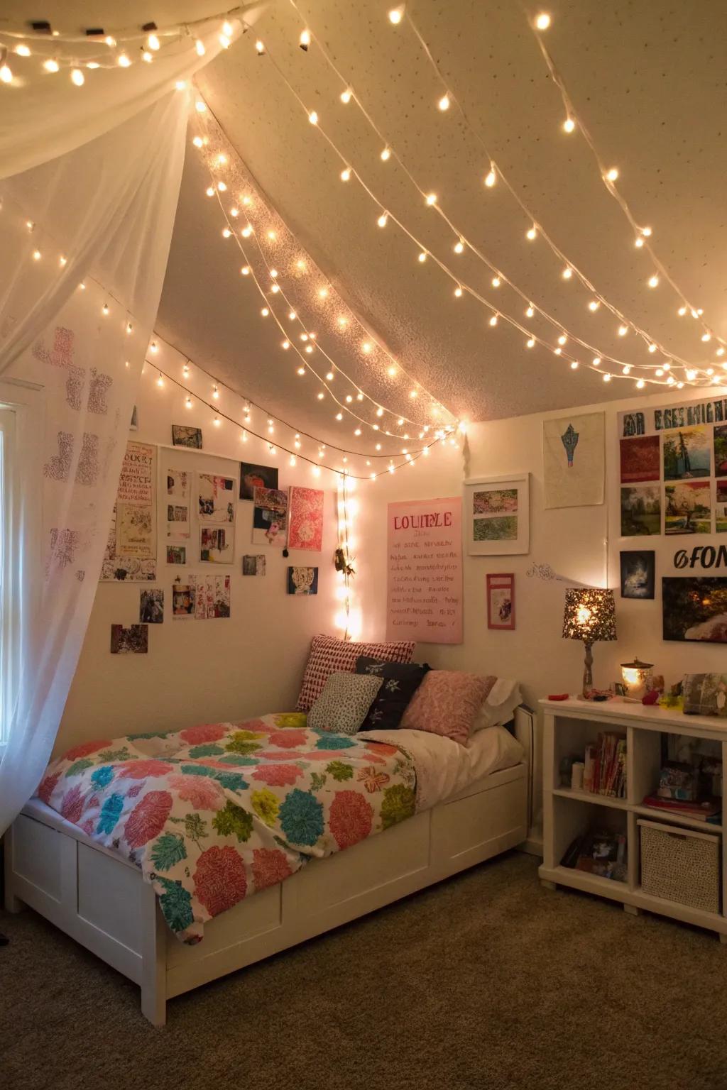 LED string lights add a magical, cozy glow to a tween's personal space, enhancing its overall ambiance.